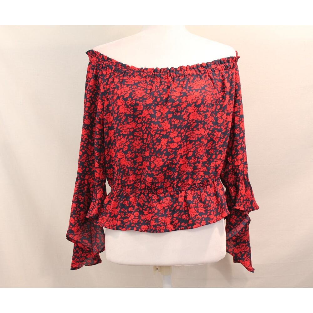 Express Off the Shoulders Top Womens size L Red Blue Floral Long Flare Sleeves